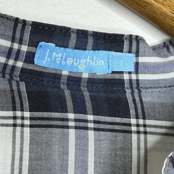 J McLaughlin Shirt Womens Large Navy Blue White Plaid Tunic Band Collar Pockets - Picture 3 of 8